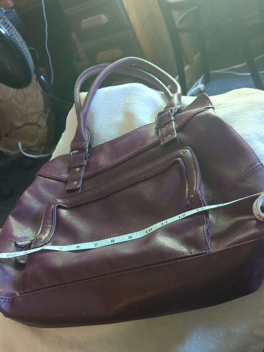 Dark Purple Leather-Style Tote Bag with Front Zip Pocket. Large. Pockets Inside
